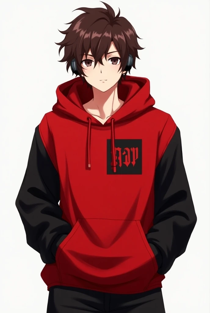 anime mens light skin red shirt with a logo on the chest that mentions the word gap and has black sleeves and that has a red hood because I wear it with black pants, messy brown hair and headphones for profile picture