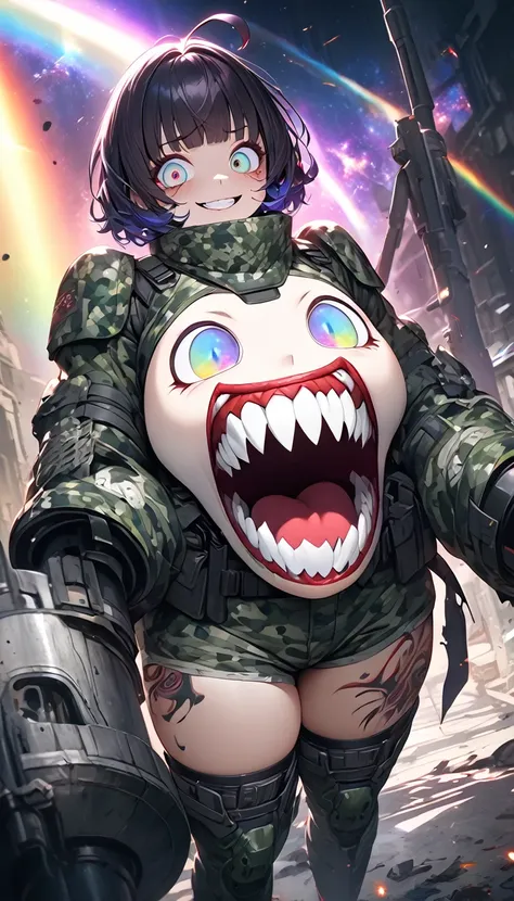 floating cute crazy girl, fighting with a huge lance, yandere, crazy smile, scary smile, evil smile, teasing smile, grin, lewd smile, malicious smile, creepy smile, big droopy eyes, huge mouth, rainbow disheveled wavy short hair, ahoge, blunt bangs, covere...