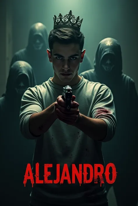  horror poster , 25 year old young man,  Bloodstains ,  camera , Miss Universe crown on the floor, a gun in the hand ,  demons in the background , dark appearance,  Text that says : Alejandro 