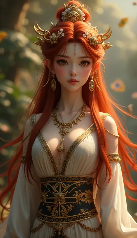 This years photo is a 16k image of a red-haired Japanese goddess ,Shiranui, (( princess ) (Egyptian goddess ) (Dark Brown Hair) (, the noblest saint, the most magnificent creation) ( Fantasy Fairy Tale ) ),พื้นหลัง Shiranui,ultra photo-realistic,UHD, retin...