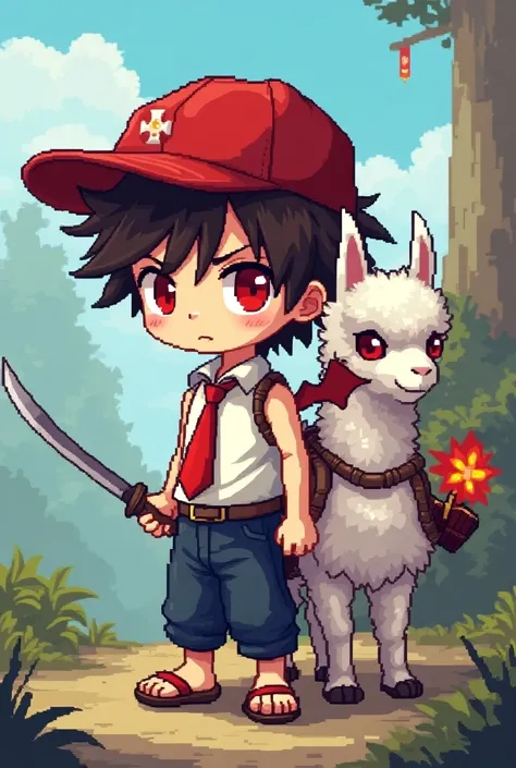 Pixel art, boy pixel character, brown messy hair, wear red cap, wear red tie, wear white tanktop, wear cream short pant, wear tiny devil wings, hold rapier, wear geta, red pupil eye, bring white llama, llama wear full armor and bring rocket missile on back...