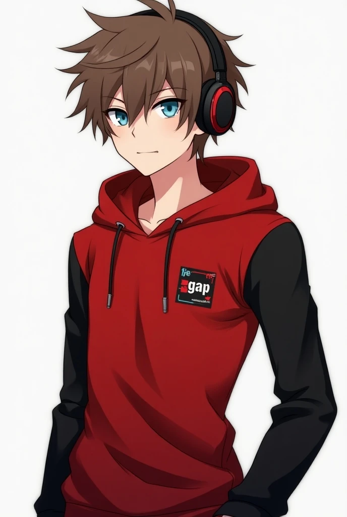 anime mens light skin red shirt with a logo on the chest that mentions the word gap and has black sleeves and that has a red hood but that wears it sweaty covering its hair a little with black pants, messy brown hair and with headphones and blue eyes for p...