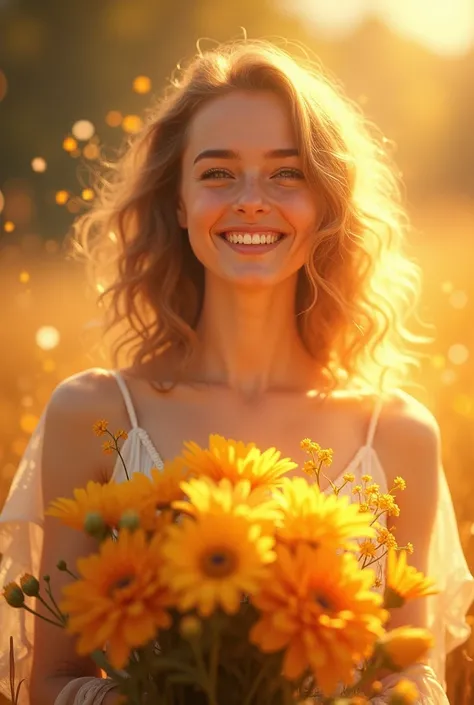 
" Happiness is a luminous and smiling figure ,  that radiates warmth and energy .  Her face is a reflection of joy ,  with eyes that shine like stars . Her voice is a melodious song ,  that inspires hope and optimism .  She carries a bouquet of flowers th...