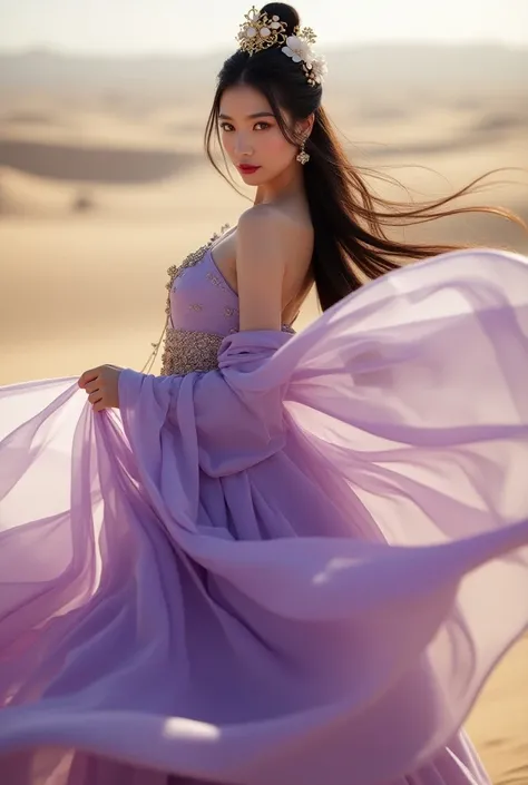 Chinese princess, a woman with long straight hair, big breasts, wears a purple Chinese dress, covers a luxurious, smooth long shoulders, wears a golden crown, many white floral hair ornaments, high hair boxing, looks at the camera, holds a long white cloth...