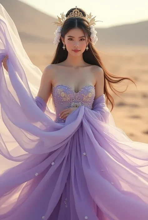 Chinese princess, a woman with long straight hair, big breasts, wears a purple Chinese dress, covers a luxurious, smooth long shoulders, wears a golden crown, many white floral hair ornaments, high hair boxing, looks at the camera, holds a long white cloth...