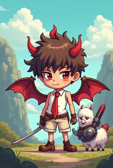 Pixel art, boy pixel character, brown messy hair, wear chicken hat, wear red tie, wear white tanktop, wear cream short pant, wear tiny devil wings, hold rapier, wear geta, red pupil eye, bring white llama, llama wear full armor and bring rocket missile on ...