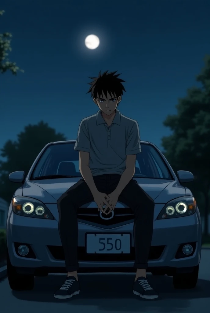 Young adult serious and thoughtful Latino anime wearing gray polo shirt and black pants sitting on the hood of a gray Mazda car model 2006 550 plates at night with waning moon.