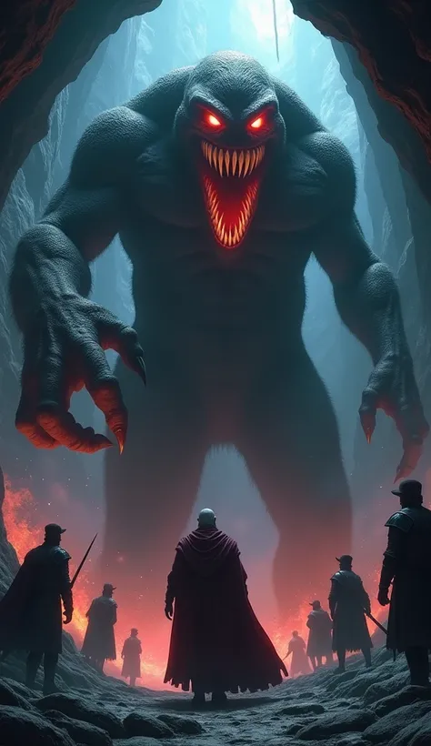 "A massive monster, about 8 feet tall, with black skin and glowing red eyes, emerges from a cave. The monster has a menacing grin as it points a threatening finger at King Muhammad and his soldiers. The King stands his ground with a serious expression, whi...