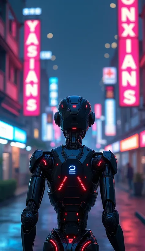 Create an image of a robot (an AI) that has its back to a building and is observing a futuristic cyberpunk city. It is very neon illuminated, the robot has neon lighting, it is night but the lights of the signs illuminate everything