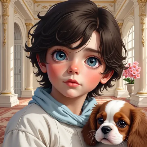 Realistic Illustration,  full body portrait . digital art.  Aesthetic and romantic image . pose frontal, zoom, Approach. He poses half a profile , diagonal view.  A boy in an Italian mansion overlooking the gardens. The boy has a delicate face , beautiful,...