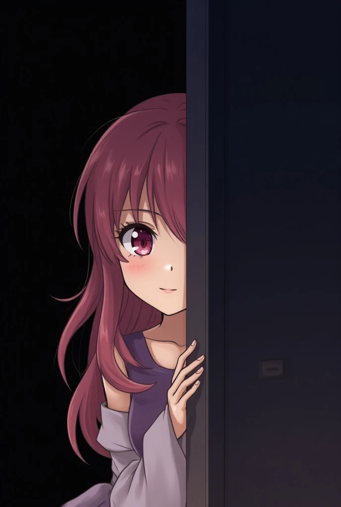 Anime cute girl peek in door left side black background