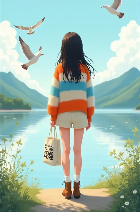 Heres a prompt based on the image:


---

Create a serene scene featuring a young girl standing by a lakeside, facing away from the viewer, with her long, dark hair flowing down her back. She wears an oversized, fluffy striped sweater in vibrant colors (or...