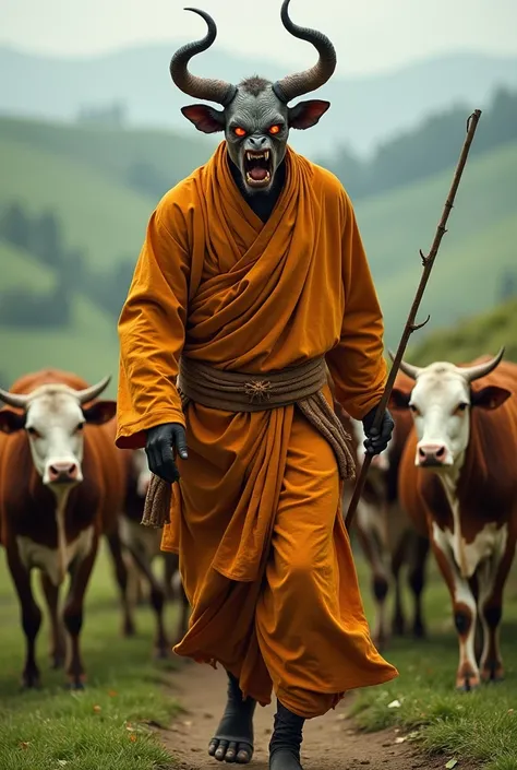  Demon-faced man , dressed in Buddhist robes and herding a herd of cows