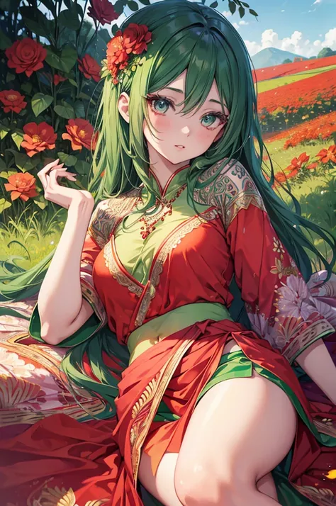 an anime girl with beautiful detailed eyes, beautiful detailed lips, extremely detailed face, long eyelashes, wearing bangladeshi red and green saree, lying in a red and green flower field, showing waist, one arm behind head, cinematic lighting, intricate ...