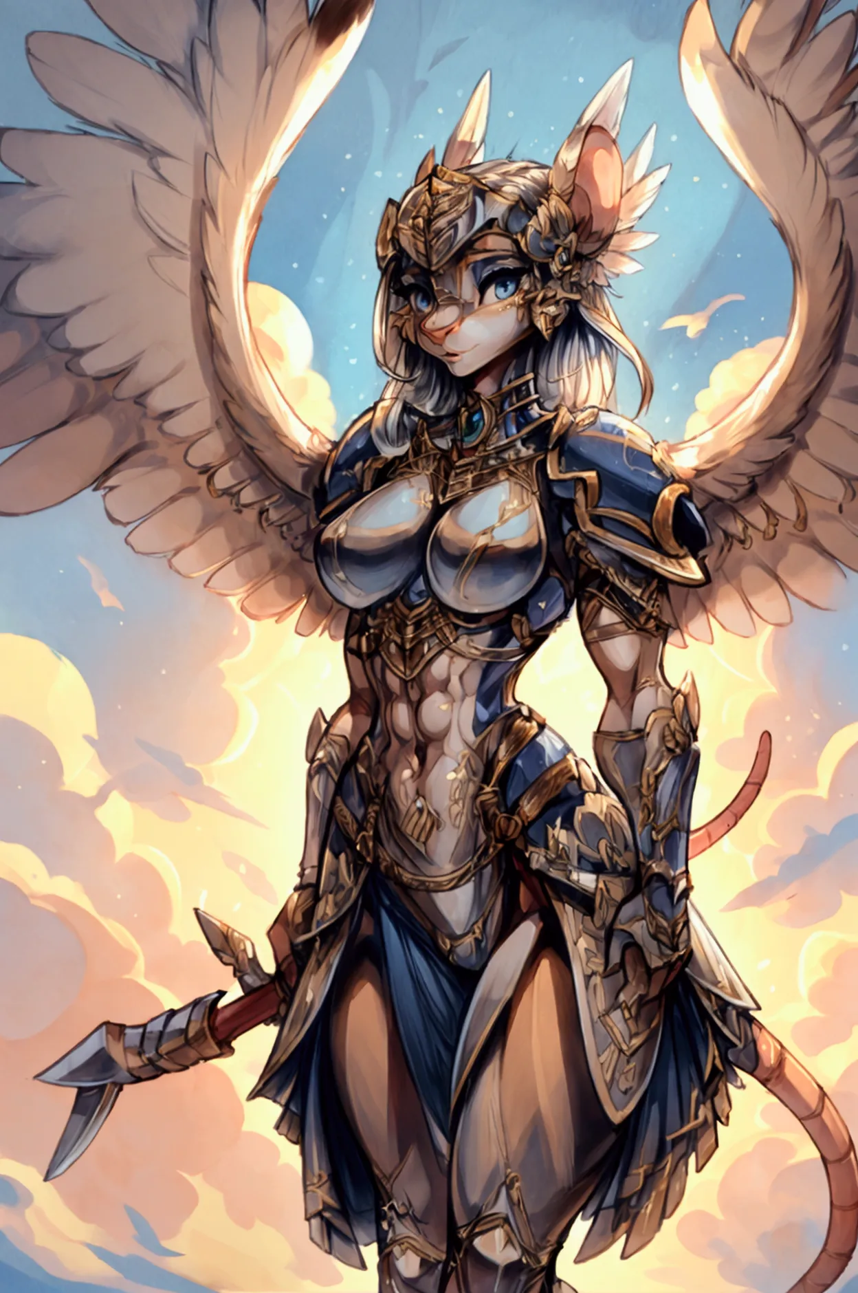 anthropomorphic mouse, female, valkyrie, knight armor, large feathered angel wings, glaive, sexy, well-toned, abs, slim, best qu...