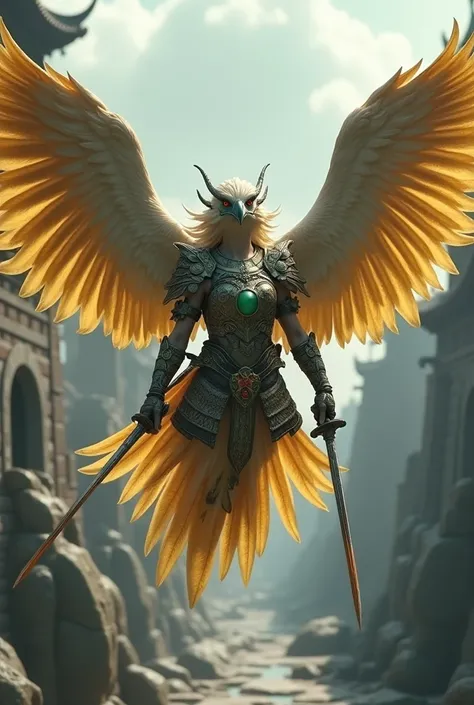  Imagine a hybrid eagle with a samurai warrior.  She wears light metal armor ,  with jade details and golden feathers , representing her power and bravery .  She carries a sword in each claw ,  as she flies over an ancient stone city ,  very detailed , dyn...