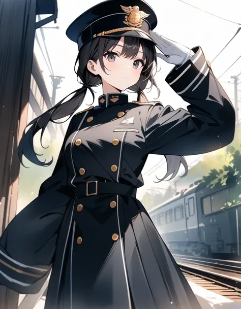 best quality, masterpiece, very aesthetic, watercolor painting, 1 girl, , black low pigtails, black eyes, oversize navy railway uniform, peaked cap, white gloves, salute, sleeves past wrists, railways