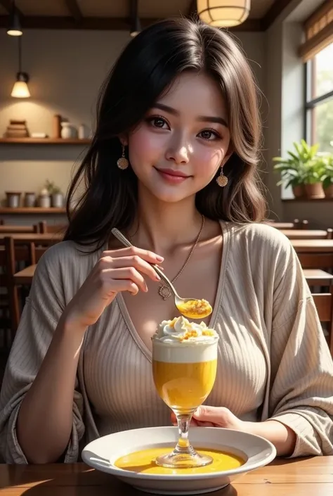  Woman enjoying delicious parfaits and corn potage soup in a family restaurant、 Beautiful and elaborate details 、 Exquisitely Drawn Face 、Striking eyes、Detailed lips、 super real 、8k、 high quality、masterpiece、 photorealistic、 Professional 、 Vivid Colors、Nat...