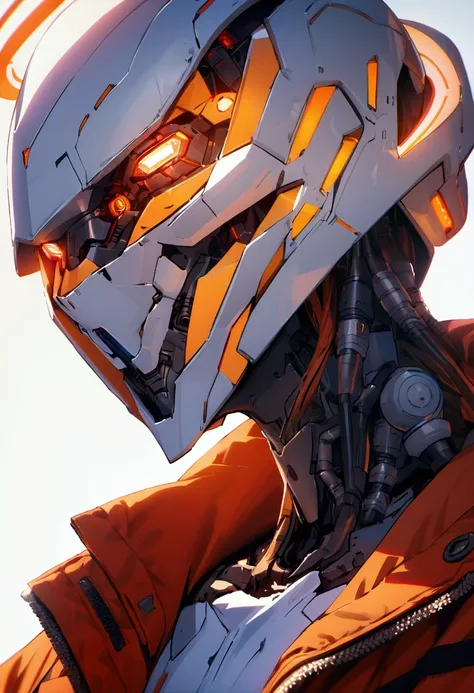 masterpiece, best quality, a close up of a futuristic looking cyborg man with a fantastic cyberhelmet head with red triangle led lights and a halo, wearing a orange techwear jacket, white background