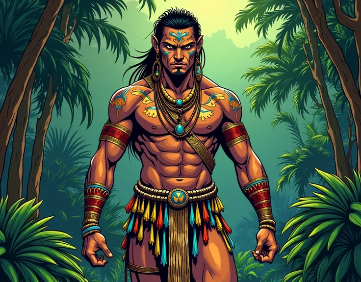 Comics-style image, A Caribbean Indian warrior , Jirajara style ,  clothing covered private parts with guayuco or loincloths made with vegetable fibers from the cocuiza. In the jungle of Lara , venezuela