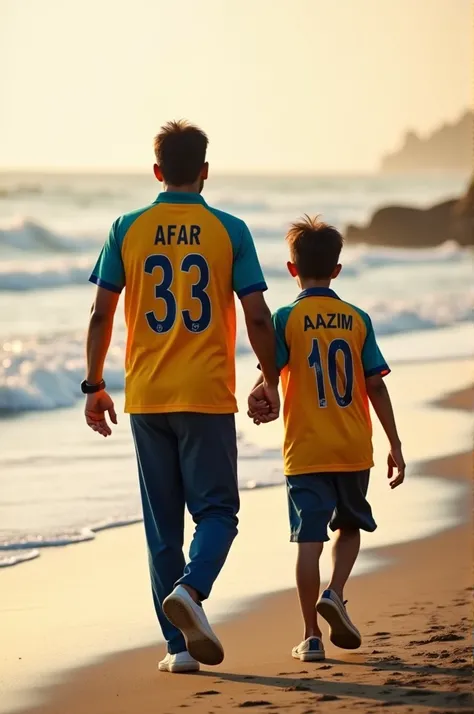 Afar and  Aazim they are father and son Afar is father Aazim is son  they have weared  srilanka cricket jersey with name . They both walking through beach side