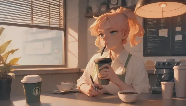 Inside coffee shop with tables. With lofi art style.