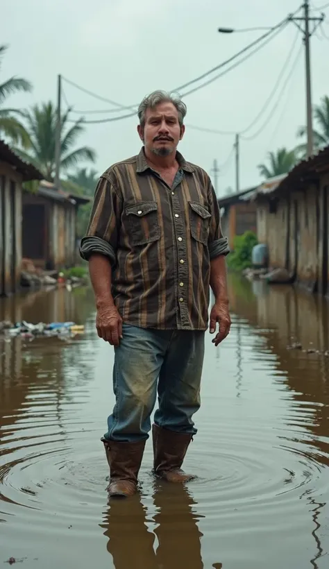 A middle-aged young man from the village stands in the floodwater.