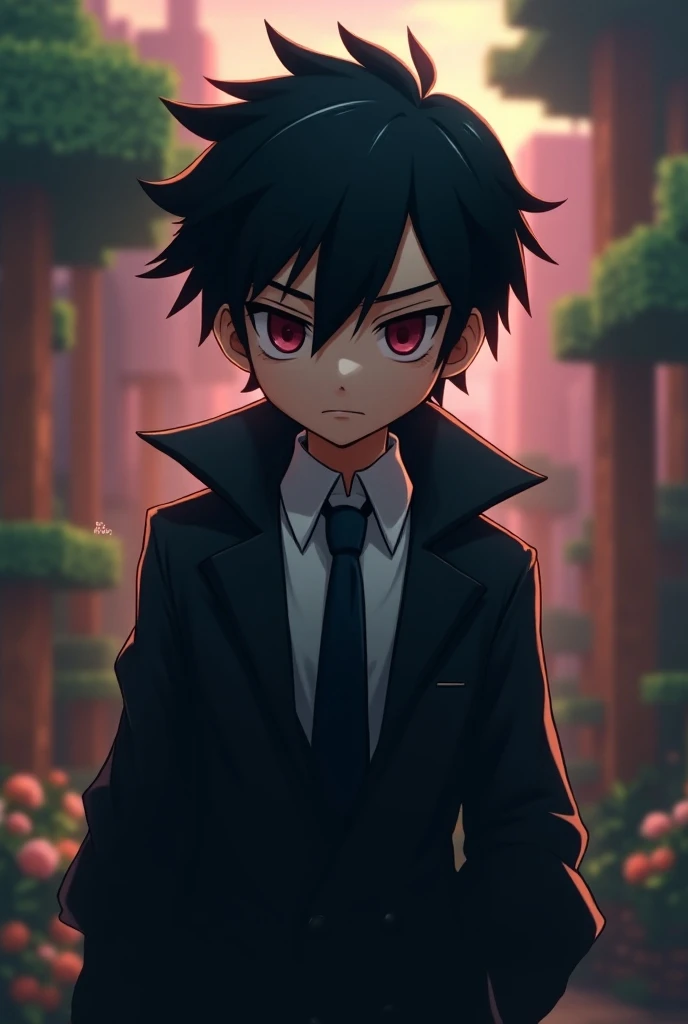 Make A cool 2d anime boy character wearing (black coat with white shirt  and black tie ), with black bend coverd eyes with animated Minecraft background