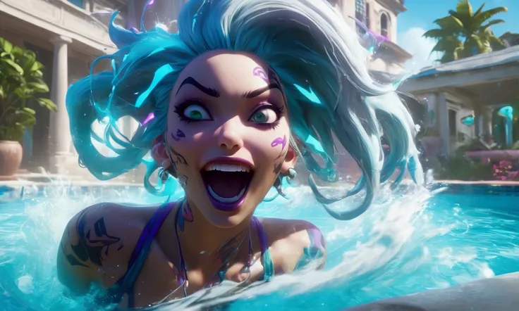 video game character Jinx (ghost white, sexy bikini, crazy face and hair) is in a swimming pool doing a sexy hair flip s she emerges from the water. Pool is at a shot up mansion
