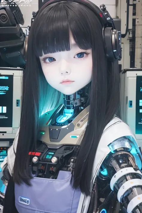 masterpiece, best quality, extremely detailed,portrait,upper body,front view,Japaese android girl,Plump, control panels,android,Droid,Mechanical Hand, Robot arms and legs,Blunt bangs,long tube,thick cable connected her neck,