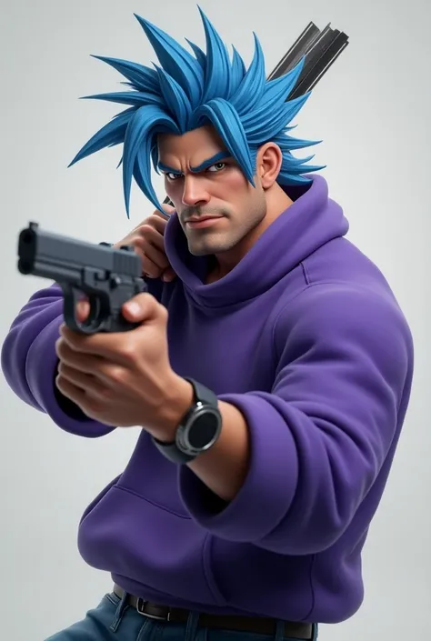 Male character with Disney-style Sigma face with gun in hand and blue hair and purple sweatshirt