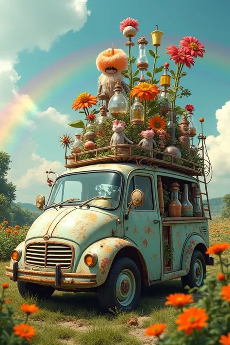 “A quirky car topped with a mountain of laboratory glassware, giant flowers, and peculiar dolls, parked in the middle of a whimsical field under a rainbow-filled sky.”