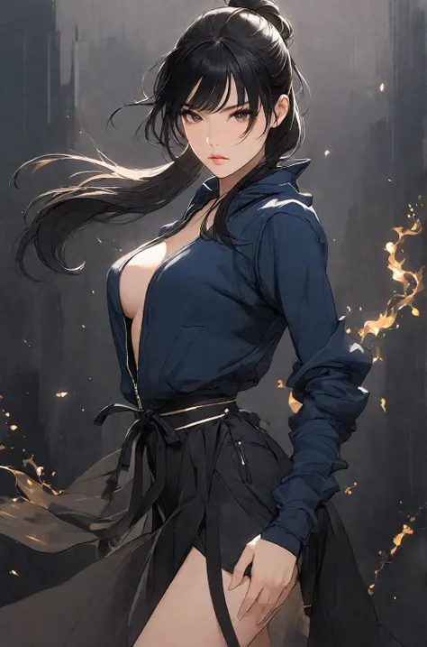 A semi-realistic anime-style woman with long, sleek black hair styled in a high ponytail and a headband pushing her hair back from her face. Aged 21. She has a sharp, warm tan, symmetrical face with a defined jawline, highlighting her serious and determine...