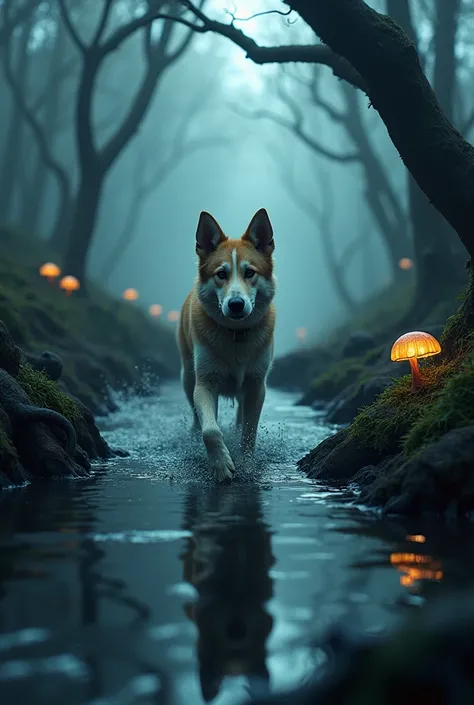 Dog walking through the dark water flow forest
