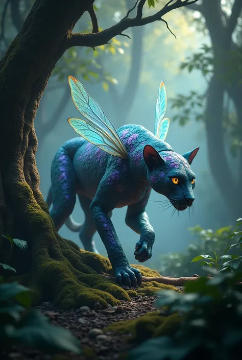 A dense, misty jungle at dawn, where the thick trees loom like towering giants, their roots tangled in the rich, damp earth. In the center of this ethereal setting, a stunning hybrid creature emerges—a fusion of a sleek black panther and an iridescent drag...