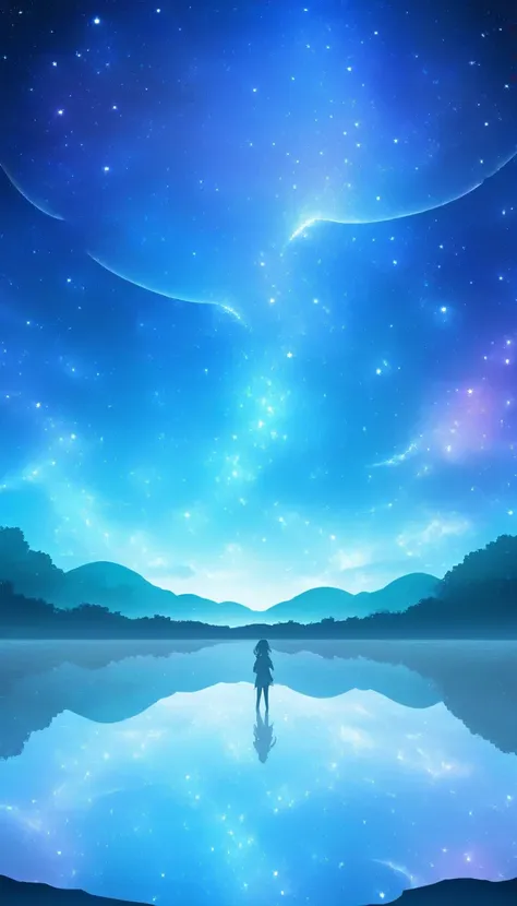 woman standing in the middle of a lake with the sky in the background,   humans exploring infinite space  , makoto shinkai cyril...