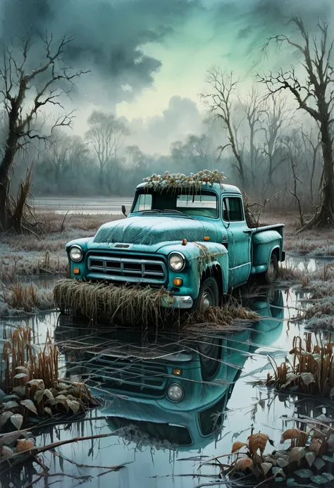 A creative drawing by Waterhouse, a watercolor, a frost-colored pickup truck wrapped in lush ivy, standing alone in the middle of a charming swamp landscape. Overhanging dark clouds envelop the deserted, forgotten place with an aura of mystery. Frosty turq...