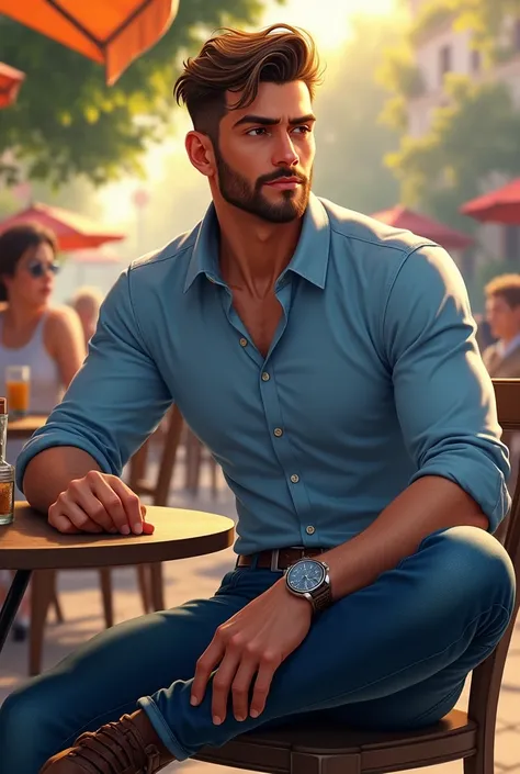 porco_galliard, blue shirt, jeans, sitting at a caf, wrist watch,  arrogant smile, outdoors, sunlight, realistic 