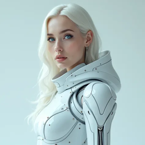  masterpiece , Very beautiful woman,  platinum hair,  blue eyes  , thin lips, thin eyebrows,  in a futuristic suit posing for a photo, in white futuristic armor, biomechanical oppai, cyborg body , beautiful white cyborg girl, Cyber suits,  8k , real detail...