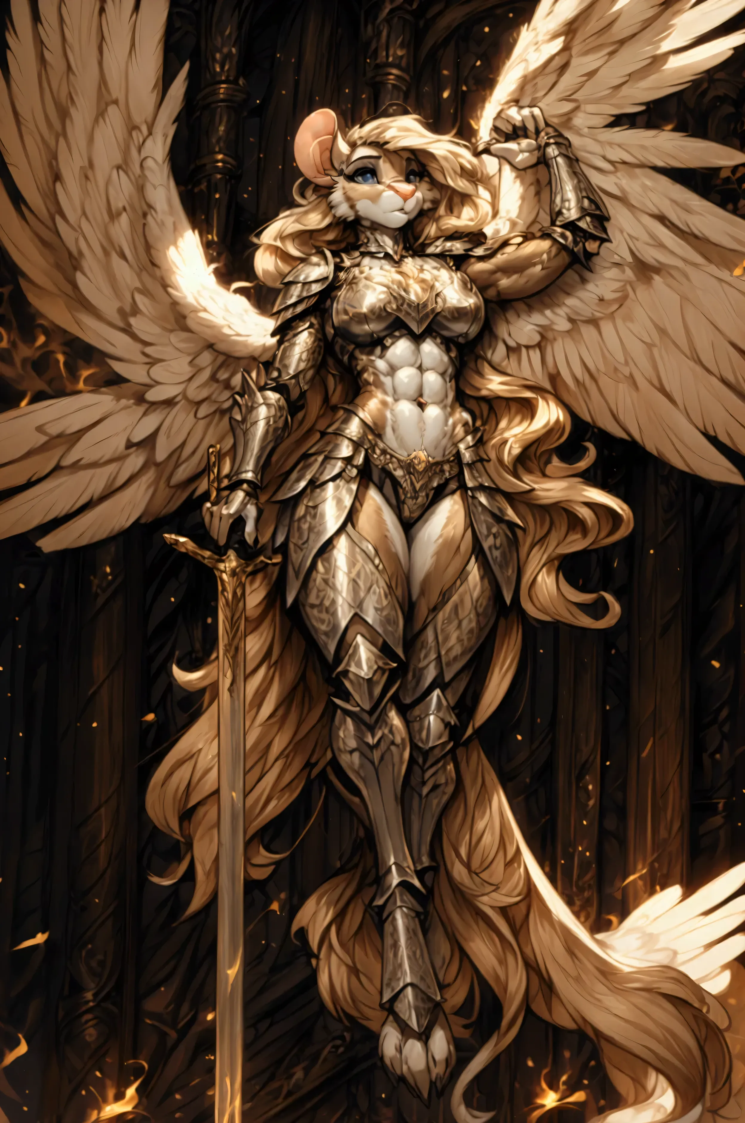 anthropomorphic mouse, female, valkyrie, knight armor, large feathered angel wings, brown fur, long billowing hair, glaive, sexy...