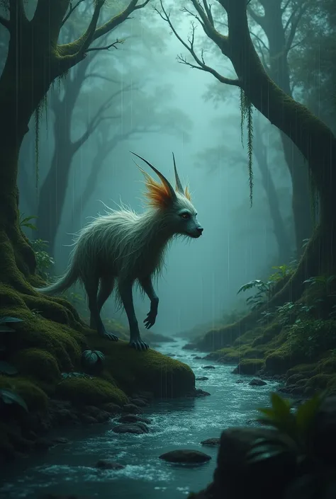 A creature like a pet walking through the dark foggy and rainy water flow forest
