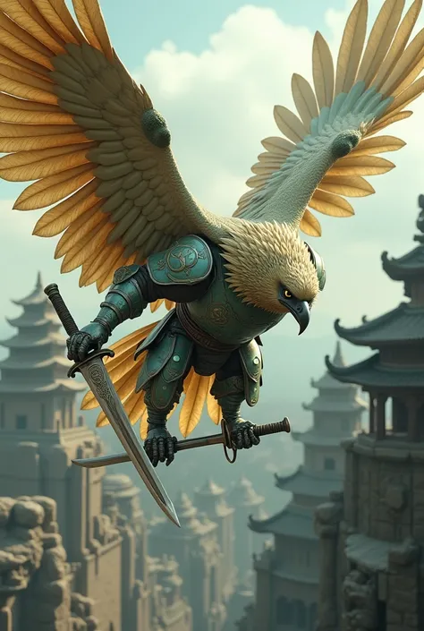  Imagine a hybrid eagle with a samurai warrior.  She wears light metal armor ,  with jade details and golden feathers , representing her power and bravery .  She carries a sword in each claw ,  as she flies over an ancient stone city ,  very detailed , dyn...