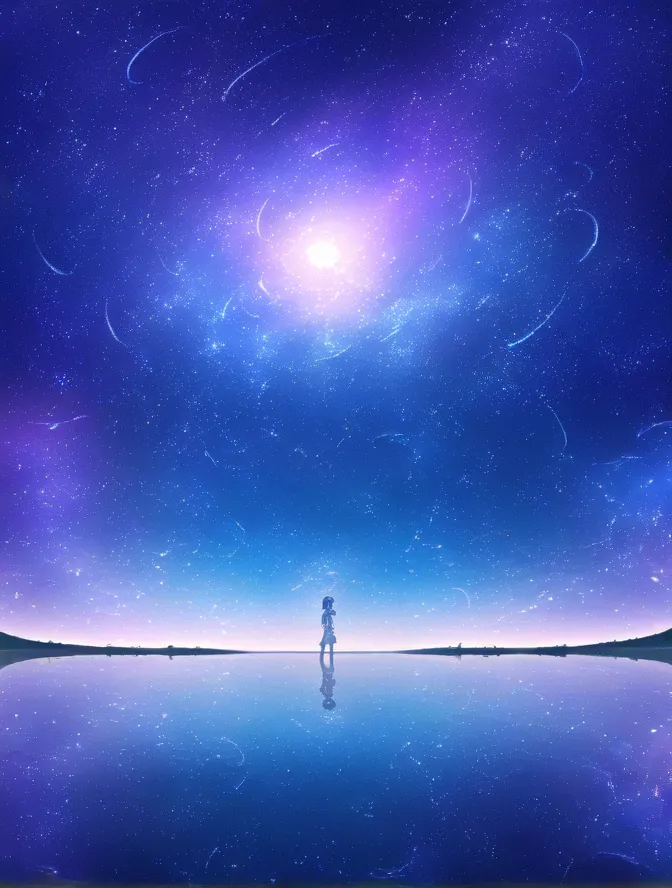 woman standing in the middle of a lake with the sky in the background,   humans exploring infinite space  , makoto shinkai cyril...