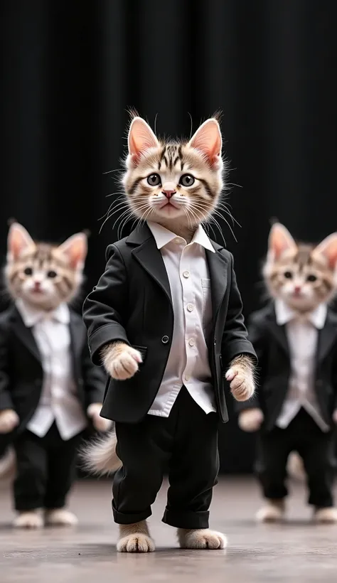  live stage　 9 small gray or brown American shorthairs and calico kittens dressed in white t-shirts and black top and bottom suits。Different poses 。

