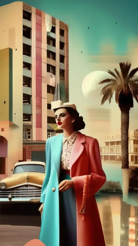 A surreal modernist collage, a Arabian cityscape, famous celebrities, heritage, old vintage music, feminine, romance, 1940s style, (best quality,4k,8k,highres,masterpiece:1.2),ultra-detailed,(realistic,photorealistic,photo-realistic:1.37),intricate details...