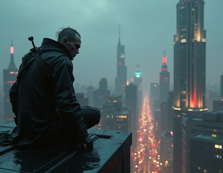 a cyberpunk hunter from bloodborne, sitting on the edge of a rooftop, looking out over a futuristic night city, detailed facial features, striking pose, dramatic lighting, neon cityscape, rain, moody atmosphere, hyper-detailed, concept art style, cinematic...