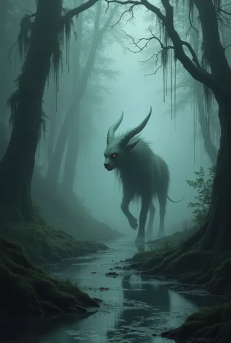 A  see a creature like a pet walking through the dark foggy and rainy water flow forest
