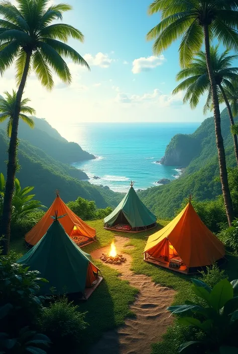 Camping in tropical forest on top of a hill 4 casas de camping con vista al mar