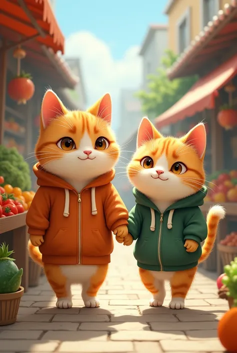   A couple of white cats and orange cats went to the market to bring home these vegetables etc.  Male and female cats walk hand in hand  .   male cats have chubby personalities  , ,   tall height  .  Female cats have slime waist   ,big ,   Details Faces  ,...