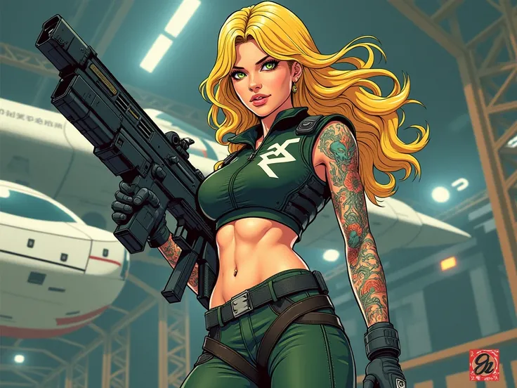 A fusion of the styles of Katsuya Terada, Range Murata, Akiman and JUNNY, make an image in a pop art style of a 30 year old female space trooper with long honey gold blonde wavy layered hair, wearing dark green jeans with webbing and a military crop top wi...